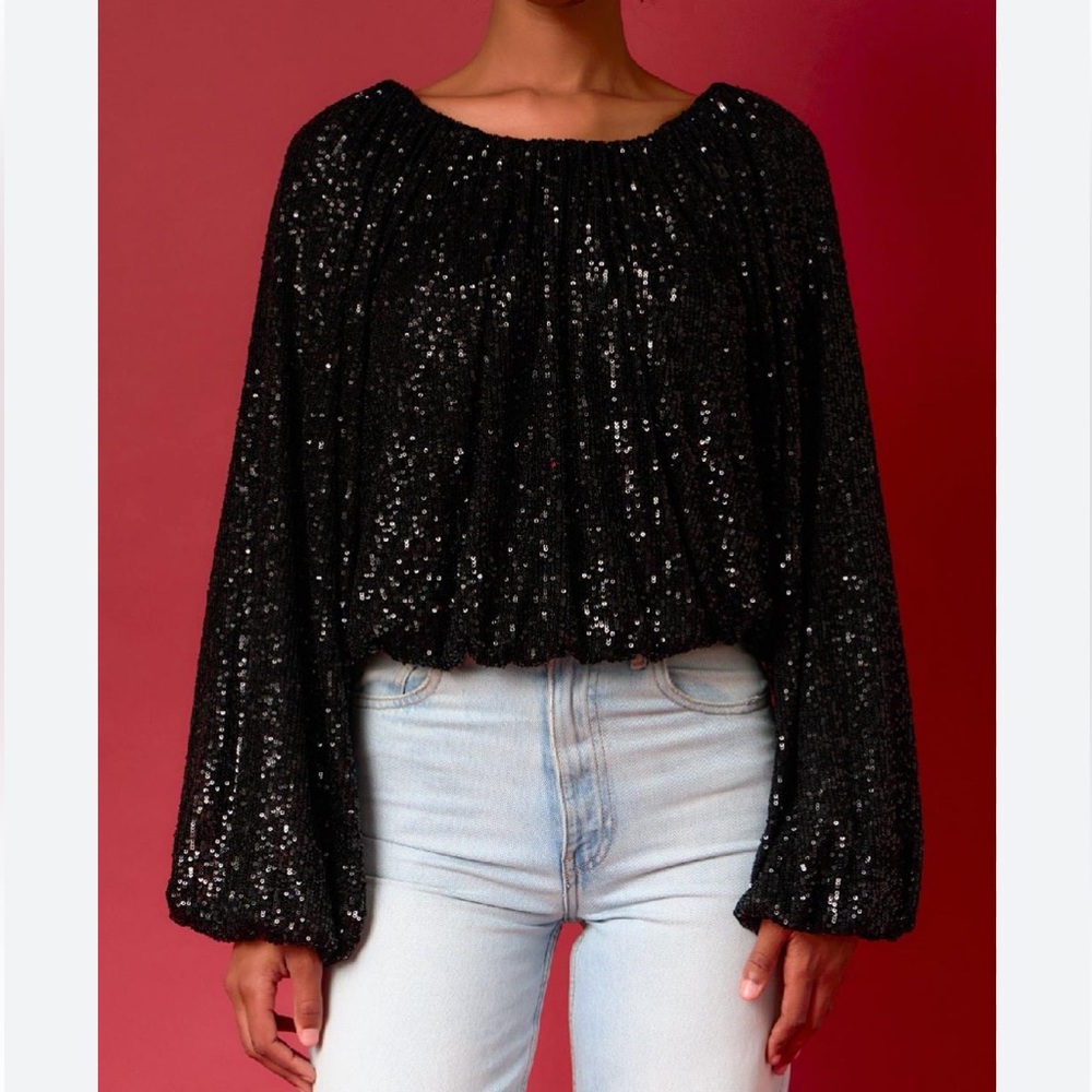 Anthropologie Endless Rose Black Sequin Blouson long sleeve top size small